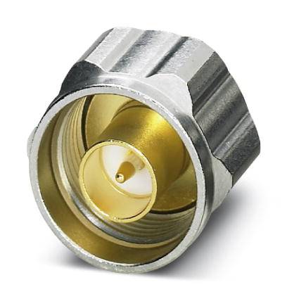 Hochfrequenz-Steckverbinder mit metallischer Hülle und goldfarbenem Innenkontakt, geeignet für Koaxialkabelverbindungen.