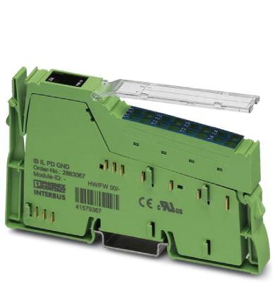 Grünes elektronisches Modul mit mehreren Anschlüssen, vermutlich für industrielle Steuerungs- oder Kommunikationsanwendungen.