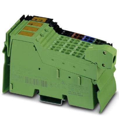 Ein grünes elektronisches Modul mit mehreren Anschlussklemmen und Steckplätzen, geeignet für industrielle Automatisierungssysteme.