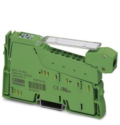 Elektronisches Modul in grün mit Steckverbindungen, einem transparenten Schutzüberzug und mehreren Beschriftungen an der Seite.