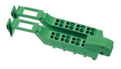 Ein grünes, rechteckiges elektronisches Bauteil mit mehreren runden Einstecköffnungen und seitlichen Halterungen.
