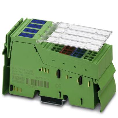 Ein grünes elektronisches Modul mit mehreren Anschlüssen und durchsichtigen Abdeckungen, geeignet für industrielle Anwendungen.