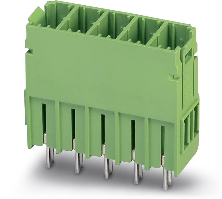 Grüner Steckverbinder mit mehreren Pins, vertikal angeordnet, zeigt eine industrielle Komponente zur elektrischen Verbindung.
