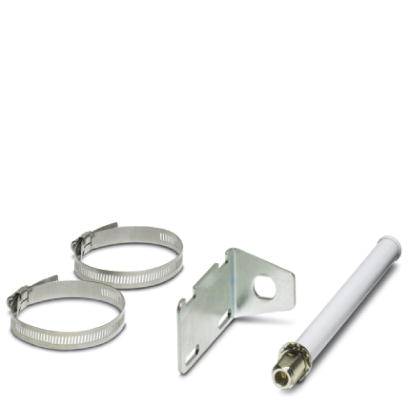 Zwei Schlauchklemmen, eine Metallhalterung und eine weiße Stange mit goldener Spitze, vermutlich Teile eines Montagekits.