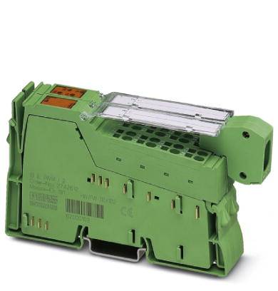 Ein grünes elektrisches Modul mit Steckverbindungen und Schalter, seitlich betrachtet. Es dient zur Steuerung technischer Geräte.