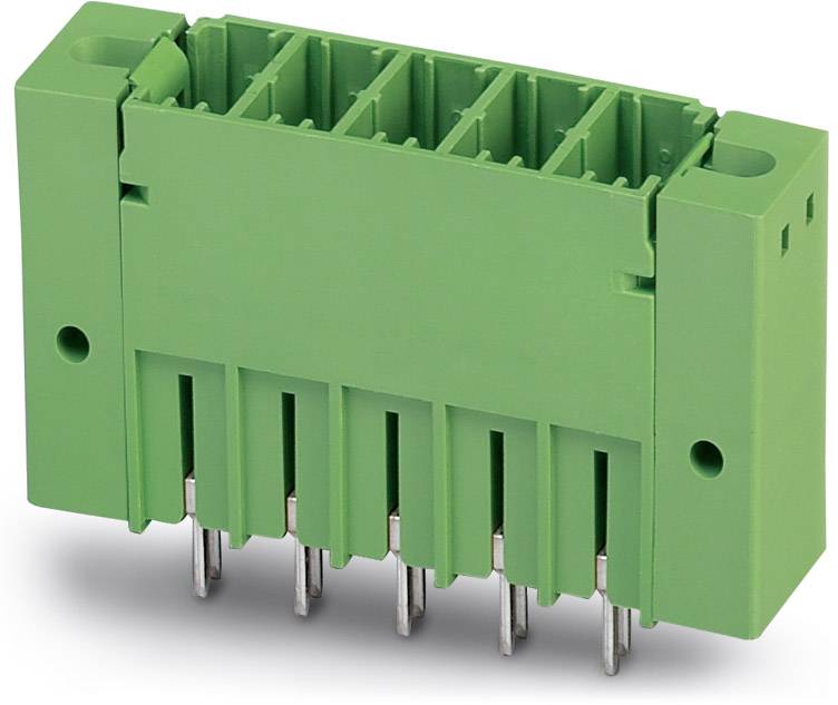 Grüner Steckverbinder mit mehreren Steckplätzen und metallischen Kontakten, geeignet für elektronische Verbindungen.