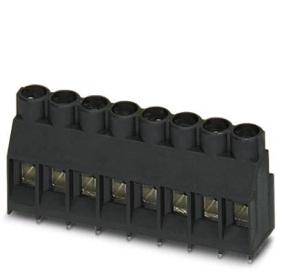 Schwarzer PCB-Klemmenblock mit sieben Steckplätzen für elektrische Verbindungen.