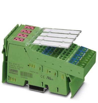 Grünes elektronisches Modul mit mehreren Steckplätzen und bunten Anschlüssen zur Steuerung von industriellen Prozessen.