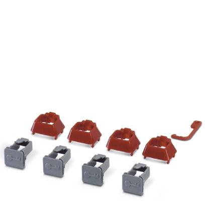 Mehrere Elektroklemmen in zwei Farben und Formen sind in einer Reihe auf weißem Hintergrund angeordnet.