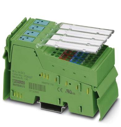 Ein grünes elektronisches Bauteil mit Anschlüssen und transparenten Abdeckungen, wahrscheinlich Teil eines Schaltschrankes zur Steuerung.