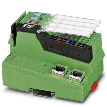 Grünes elektronisches Gerät mit mehreren Anschlüssen und transparentem Abdeckstreifen, wahrscheinlich eine industrielle Steuerungskomponente.