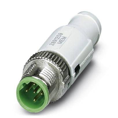Stecker, zylindrische Form, silber mit grünem Anschluss, Produktnummer '2891259', mit 'MEN' markiert.
