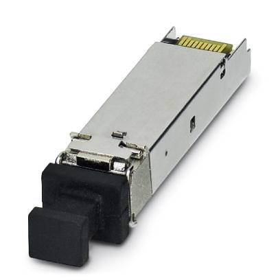 Ein SFP-Modul in Silber und Schwarz mit einem Kunststoffstecker; dient der Verbindung von Netzwerkgeräten über Glasfaser- oder Kupferkabel.