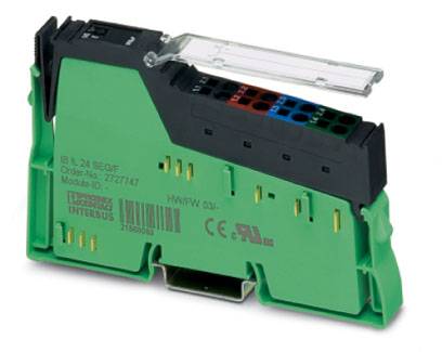 Ein grünes elektronisches Modul mit schwarzem Anschlussfeld und Farbcodierung für verschiedene Anschlüsse; geeignet für industrielle Anwendungen.