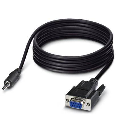Ein schwarzes Kabel mit 3,5-mm-Klinkenstecker auf der einen und einem VGA-Anschluss auf der anderen Seite, aufgerollt dargestellt.
