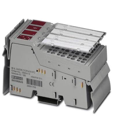 Ein graues elektrisches Modul mit roten und silbernen Schaltern, Produktnummer und Modellinformationen sind aufgedruckt.