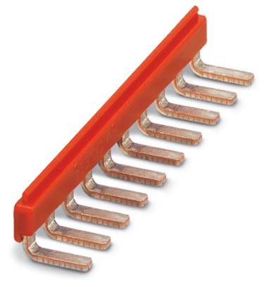 Ein roter, gebogener Kammverbinder mit mehreren Metallzinken zur Verbindung von elektrischen Bauteilen in einem Schaltschrank.