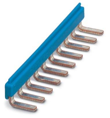 Metallschiene mit gebogenen Anschlüssen und blauem Kunststoffgehäuse, vermutlich ein elektrischer Sammelschienenverbinder.