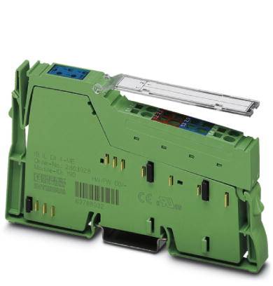 Grünes elektrisches Relaismodul mit mehreren Anschlüssen und einem durchsichtigen Abdeckungsbereich, auf einer weißen Oberfläche.