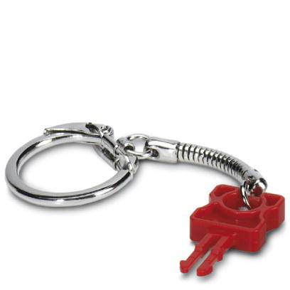 Ein Schlüsselanhänger mit einem silbernen Ring und einem kleinen, roten Legosteinelement, das am Anhänger befestigt ist.