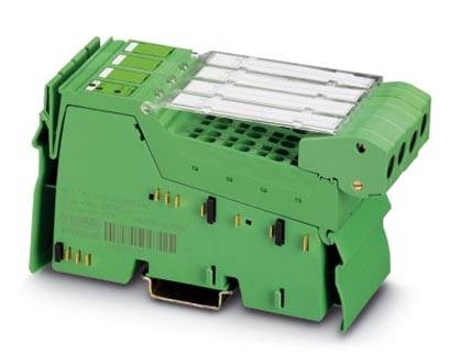 Ein grünes, elektronisches Gerät mit mehreren Steckplätzen und Kontakten. Es ist für den Einsatz in einem Schaltschrank konzipiert.