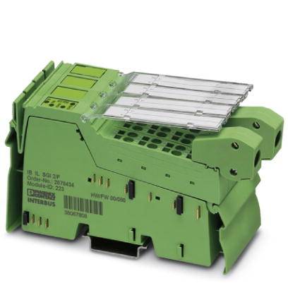 Ein grünes elektronisches Modul mit mehreren Anschlüssen und einer transparenten Abdeckung, verwendet in industriellen Anwendungen.