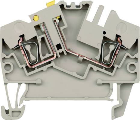 Ein grauer, modularer Reihenklemmen-Block mit zwei Metallverbindungen und Plastikgehäuse, geeignet zum Verbinden elektrischer Leitungen.