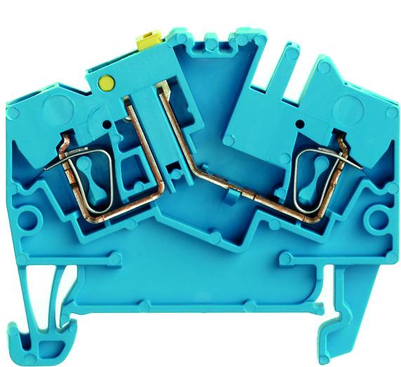 Isolatorblock in blauem Gehäuse, zeigt interne Metallverbindungen und Klemmen, verwendet zur sicheren Stromtrennung in elektrischen Installationen.