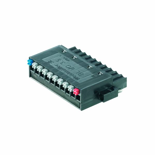 Ein schwarzer elektrischer Anschlussblock mit mehreren farbigen Kabelverbindungen an der Unterseite und einem unbeschrifteten Gehäuse.