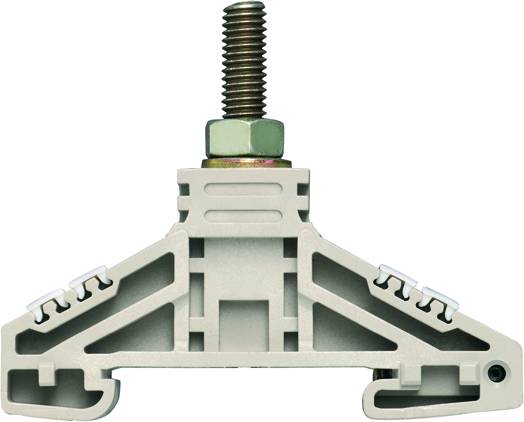 Grauer elektrischer Klemmenblock mit Schraube und Muttern oben. Verwendet zur Befestigung und Verbindung von elektrischen Leitungen.