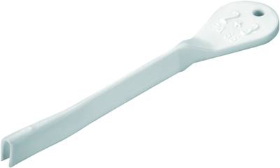 Ein weißes Plastikwerkzeug mit einem abgerundeten Kopf und einem Zahlenaufdruck. Es hat eine flache, gabelartige Spitze am anderen Ende.