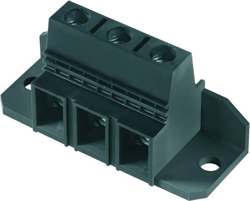 Eine schwarze dreipolige elektrische Anschlussklemme mit Schraubbefestigungen, geeignet für Verdrahtungen in elektrischen Schaltungen.