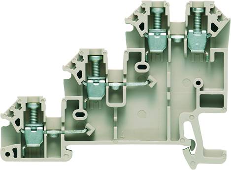 Ein grauer, mehrstöckiger elektrischer Klemmenblock mit Schraubverbindungen, verwendet zum Verbinden von elektrischen Leitungen in Verteilerkästen.