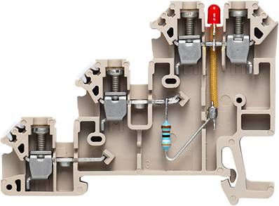 Ein Schnittmodell eines elektrischen Verbindungselements mit Schraubverbindungen, Widerstand, LED und metallischen Kontakten.