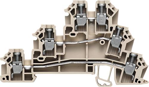 Ein dreistufiger Reihenklemmenblock aus Kunststoff mit silbernen Metallklemmen und Schrauben, geeignet zur Verdrahtung in Schaltschränken.