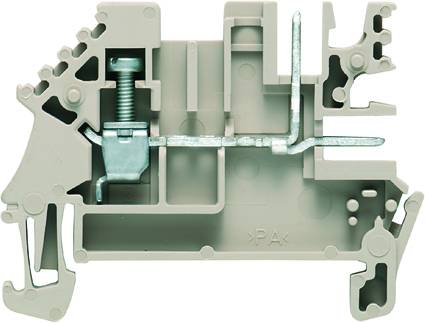 Elektrischer Klemmenblock aus Kunststoff mit Metallkomponenten, für die Verdrahtung und Verbindung in einem Schaltschrank verwendet.