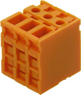Ein oranger, modularer Steckverbinderblock mit mehreren Öffnungen für Kabelverbindungen. Verwendet in elektrischen Schaltsystemen.