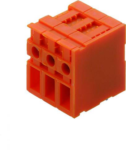Ein roter, rechteckiger Steckverbinder mit vier Öffnungen, geeignet zur Aufnahme von Drähten oder Kabeln, auf weißem Hintergrund.