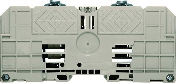 Ein graues elektrisches Anschlussklemmengehäuse mit strukturierter Oberfläche, zwei Schraubverbindungen oben und mehreren Anschlüssen unten.