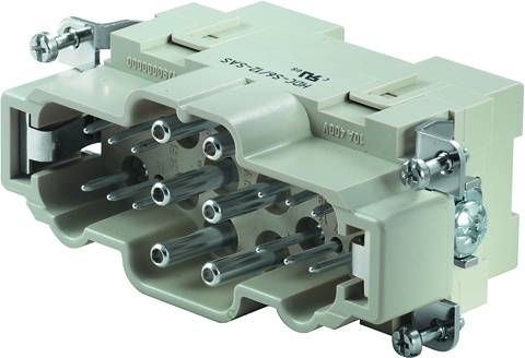 Ein grauer elektrischer Stecker mit mehreren Metallstiften und Schraubbefestigungen, die für industrielle Anwendungen verwendet werden.