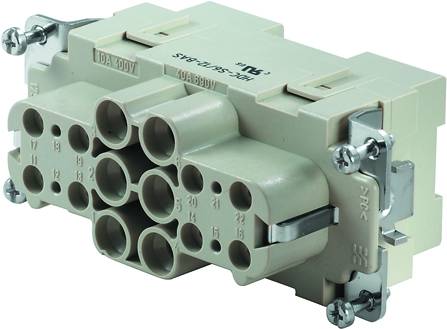 Elektrischer Steckverbinder mit mehreren Anschlüssen, geeignet für Spannungen bis 400V und 10A, bietet sichere Verbindungsmöglichkeiten.