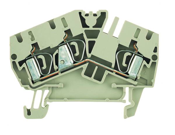 Ein grauer, zweipoliger elektrischer Klemmenblock mit Metallverbindungen und Halterungen, verwendet zur sicheren Verdrahtung.