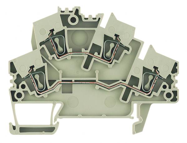 Ein Querschnitt einer elektrischen Klemme zeigt den internen Aufbau mit Leitungs- und Anschlussdetails für Stromverbindungen.