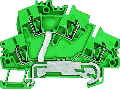 Grüner elektrischer Verbindungsklemmblock mit metallischen Innenkontakten und montierten Klemmen, seitliche Perspektive.