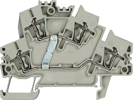 Bild zeigt einen Querschnitt eines elektrischen Klemmengehäuses mit erkennbaren Metallverbindungen und Kunststoffrahmen.