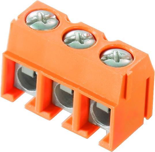 Orangefarbener elektrischer Verbindungsklemmblock mit drei Schraubanschlüssen, dient zum sicheren Verbinden von Drähten in elektrischen Schaltungen.