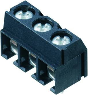 Ein schwarzer, dreipoliger Steckverbinder mit Klemmschrauben, geeignet zur elektrischen Verbindung von Drähten in einer Schaltung.