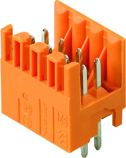 Ein orangefarbener Steckverbinder mit mehreren Metallstiften, geeignet für die elektrische Verbindung von Komponenten auf einer Platine.