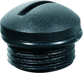 Rundes, schwarzes Kunststoffteil mit Gewinde und Dichtungsring, vermutlich als Verschlusskappe für Rohre gedacht.