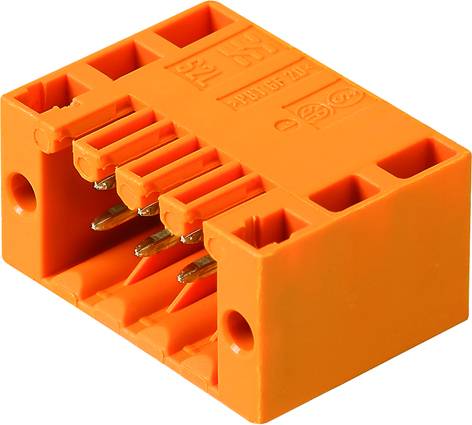 Oranger Steckverbinder mit fünf Metallstiften und oberen Beschriftungen, verwendet für elektrische Verbindungen.